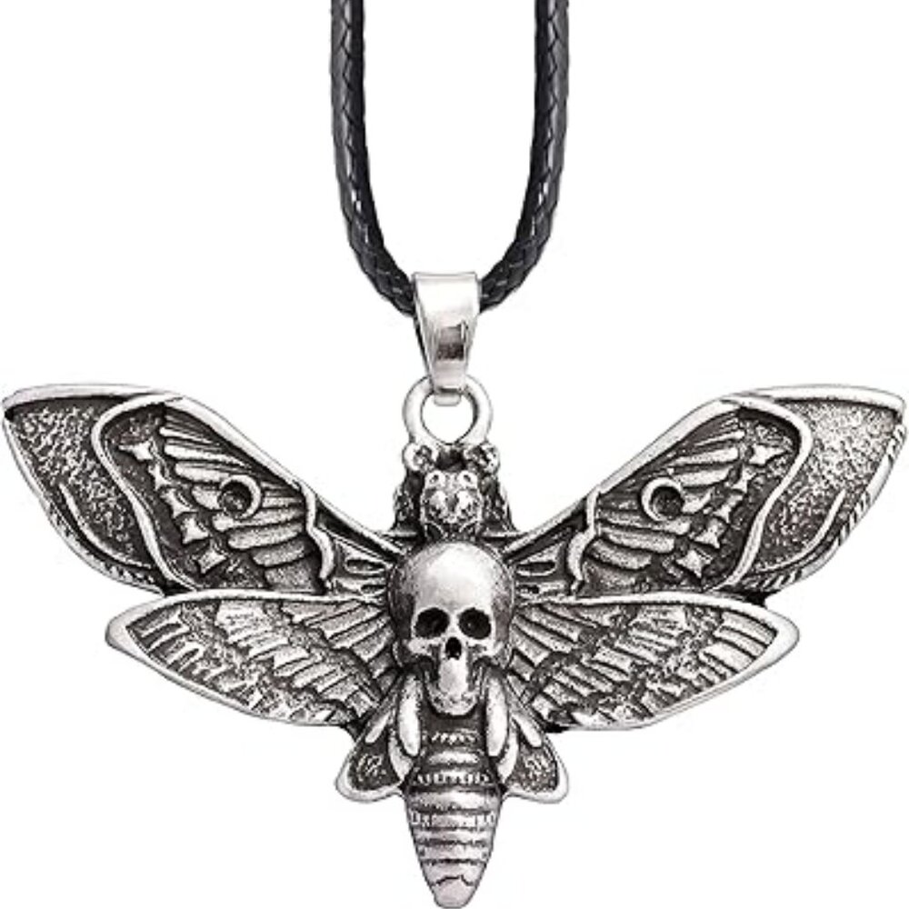 Skull Necklace Head Hawkmoth Pendant Faux Leather Cord Punk Jewelry